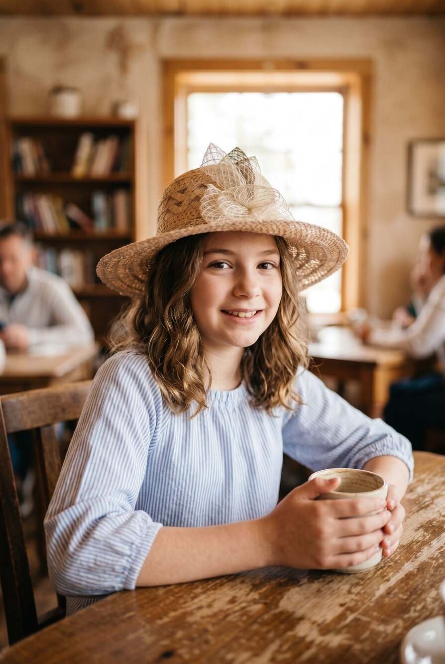AMT Girls Wide Brim Straw Sun Hat with Mesh Flower Accent